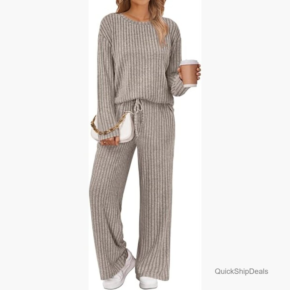 Long Sleeve Ribbed Knit Pajama Set, 60% Polyester 35% Rayon 5% Spandex